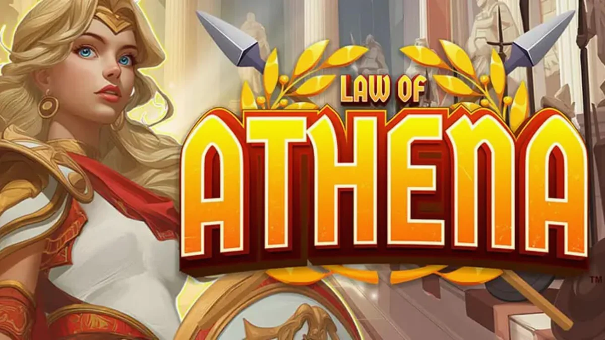 Tampilan visual slot Law of Athena dengan latar belakang kuil Yunani Kuno dan simbol dewi Athena.