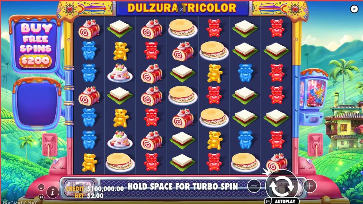 Tampilan visual slot Dulzura Tricolor dengan tema tropis Kolombia dan simbol permen yang berwarna-warni.